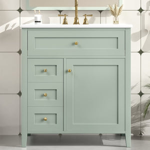 English Elm 30-Inch Contemporary Bathroom Vanity with Sink, MDF & Rubberwood, Glossy Finish, 3 Drawers + Cabinet Green N725P350819F