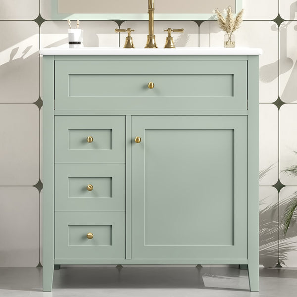English Elm 30-Inch Contemporary Bathroom Vanity with Sink, MDF & Rubberwood, Glossy Finish, 3 Drawers + Cabinet Green N725P350819F