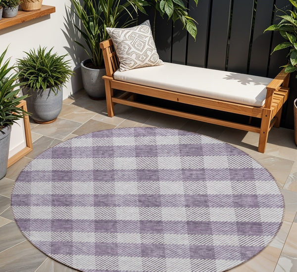 HomeRoots 5' Lavish Lavender and Ivory Plaid Washable Area Rug for Indoor Outdoor Spaces – Easy Care & Stylish 8' Round 595495