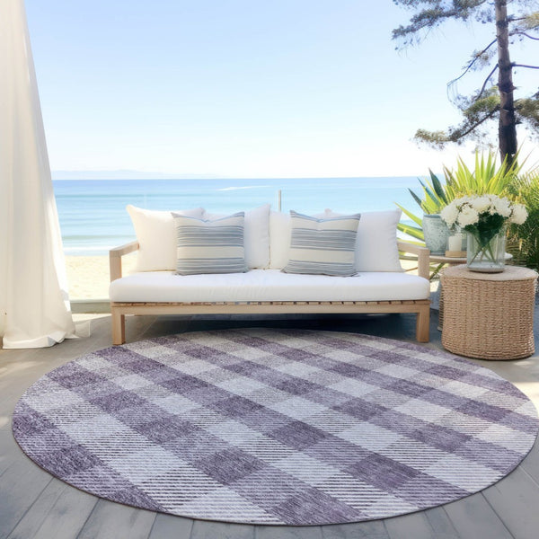 HomeRoots 5' Lavish Lavender and Ivory Plaid Washable Area Rug for Indoor Outdoor Spaces – Easy Care & Stylish 8' Round 595495