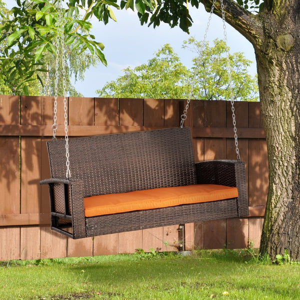 English Elm Outsunny 2-Person Wicker Hanging Swing Bench With Cushions - Stylish Outdoor Chair For Porch & Garden W2225P217681-GIGA