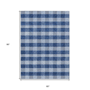 HomeRoots 5' Durable Navy Blue and Ivory Plaid Area Rug - Washable Design for Indoor and Outdoor Use 5' X 8' 595500