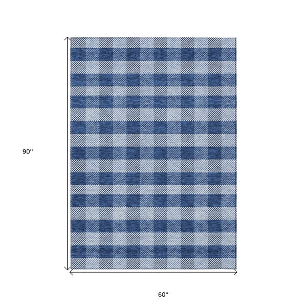 HomeRoots 5' Durable Navy Blue and Ivory Plaid Area Rug - Washable Design for Indoor and Outdoor Use 5' X 8' 595500