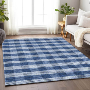HomeRoots 5' Durable Navy Blue and Ivory Plaid Area Rug - Washable Design for Indoor and Outdoor Use 5' X 8' 595500