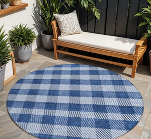 HomeRoots 5' Durable Navy Blue and Ivory Plaid Area Rug - Washable Design for Indoor and Outdoor Use 8' Round 595501