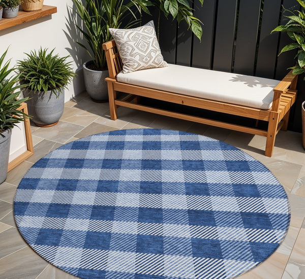 HomeRoots 5' Durable Navy Blue and Ivory Plaid Area Rug - Washable Design for Indoor and Outdoor Use 8' Round 595501