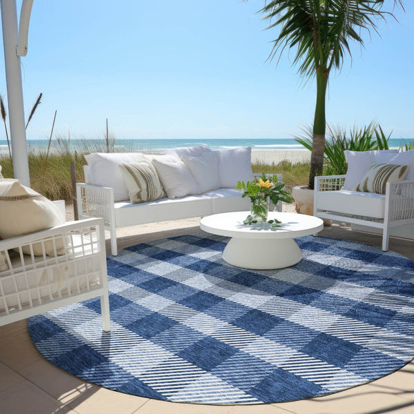 HomeRoots 5' Durable Navy Blue and Ivory Plaid Area Rug - Washable Design for Indoor and Outdoor Use 8' Round 595501