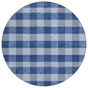 HomeRoots 5' Durable Navy Blue and Ivory Plaid Area Rug - Washable Design for Indoor and Outdoor Use 8' Round 595501