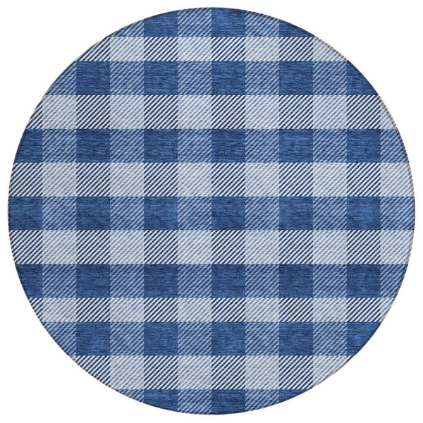 HomeRoots 5' Durable Navy Blue and Ivory Plaid Area Rug - Washable Design for Indoor and Outdoor Use 8' Round 595501
