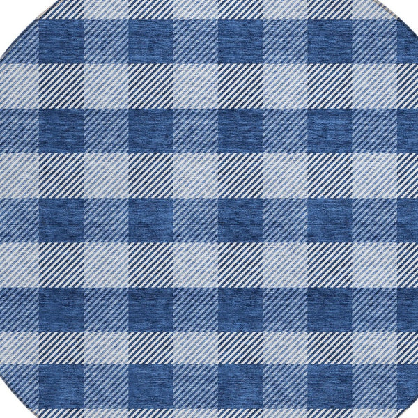 HomeRoots 5' Durable Navy Blue and Ivory Plaid Area Rug - Washable Design for Indoor and Outdoor Use 8' Round 595501