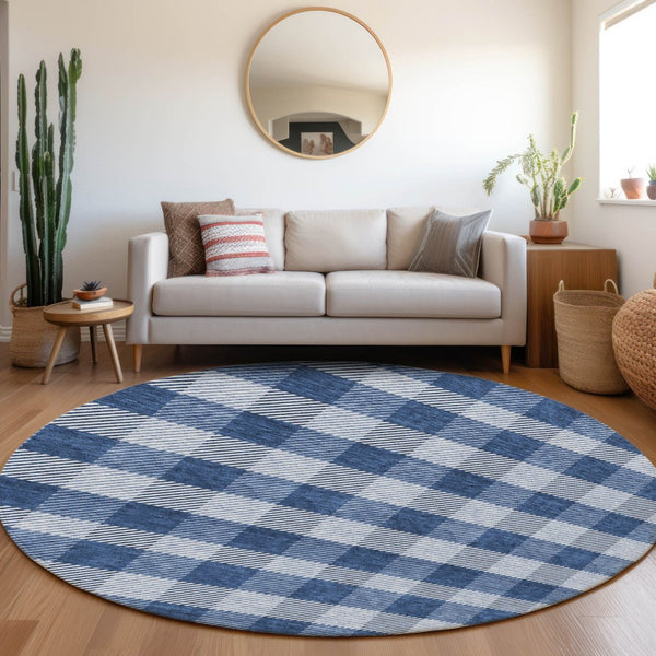 HomeRoots 5' Durable Navy Blue and Ivory Plaid Area Rug - Washable Design for Indoor and Outdoor Use 8' Round 595501