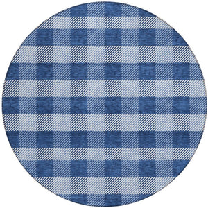 HomeRoots 5' Durable Navy Blue and Ivory Plaid Area Rug - Washable Design for Indoor and Outdoor Use 8' Round 595501