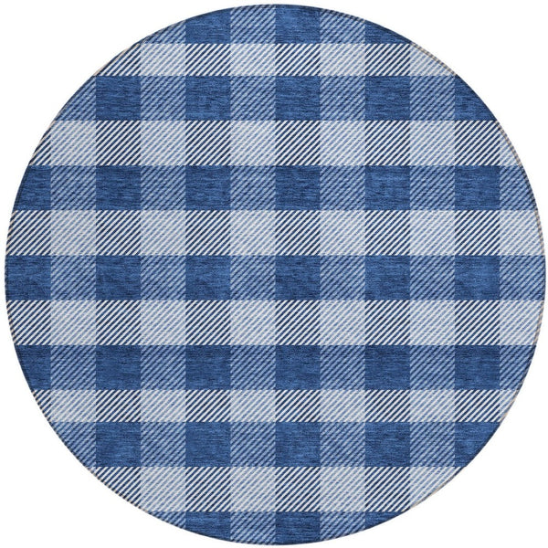 HomeRoots 5' Durable Navy Blue and Ivory Plaid Area Rug - Washable Design for Indoor and Outdoor Use 8' Round 595501