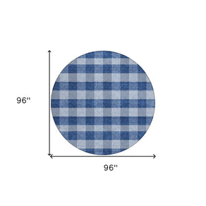 HomeRoots 5' Durable Navy Blue and Ivory Plaid Area Rug - Washable Design for Indoor and Outdoor Use 8' Round 595501