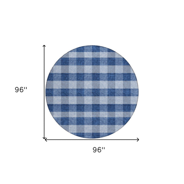 HomeRoots 5' Durable Navy Blue and Ivory Plaid Area Rug - Washable Design for Indoor and Outdoor Use 8' Round 595501