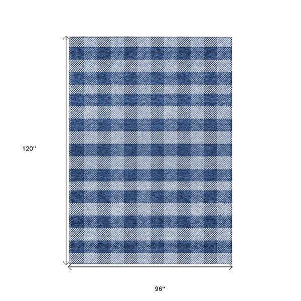 HomeRoots 5' Durable Navy Blue and Ivory Plaid Area Rug - Washable Design for Indoor and Outdoor Use 8' X 10' 595502