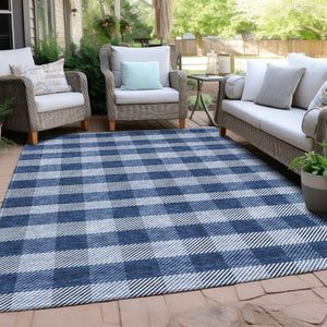 HomeRoots 5' Durable Navy Blue and Ivory Plaid Area Rug - Washable Design for Indoor and Outdoor Use 8' X 10' 595502