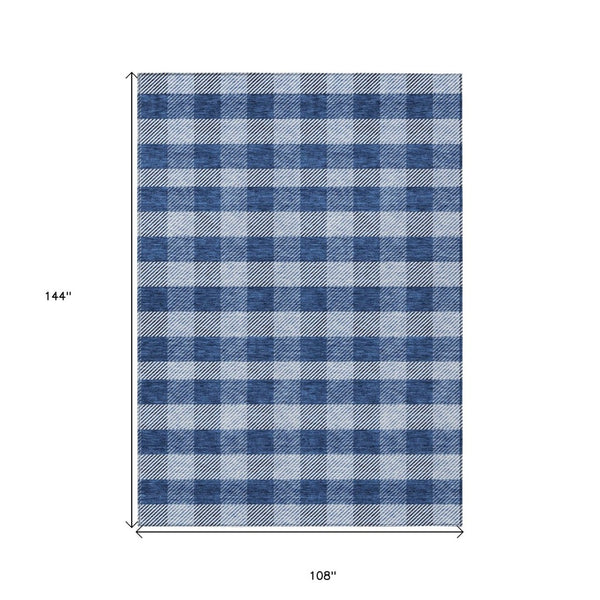 HomeRoots 9' X 12' Navy Blue and Ivory Plaid Area Rug - Machine Washable, Stain-Resistant for Indoor/Outdoor Use 595503