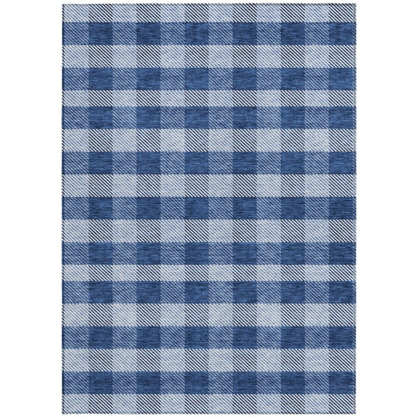 HomeRoots 5' Durable Navy Blue and Ivory Plaid Area Rug - Washable Design for Indoor and Outdoor Use 10' X 14' 595504
