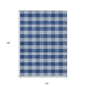 HomeRoots 5' Durable Navy Blue and Ivory Plaid Area Rug - Washable Design for Indoor and Outdoor Use 10' X 14' 595504