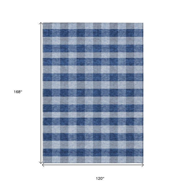 HomeRoots 5' Durable Navy Blue and Ivory Plaid Area Rug - Washable Design for Indoor and Outdoor Use 10' X 14' 595504