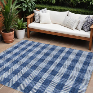 HomeRoots 5' Durable Navy Blue and Ivory Plaid Area Rug - Washable Design for Indoor and Outdoor Use 10' X 14' 595504