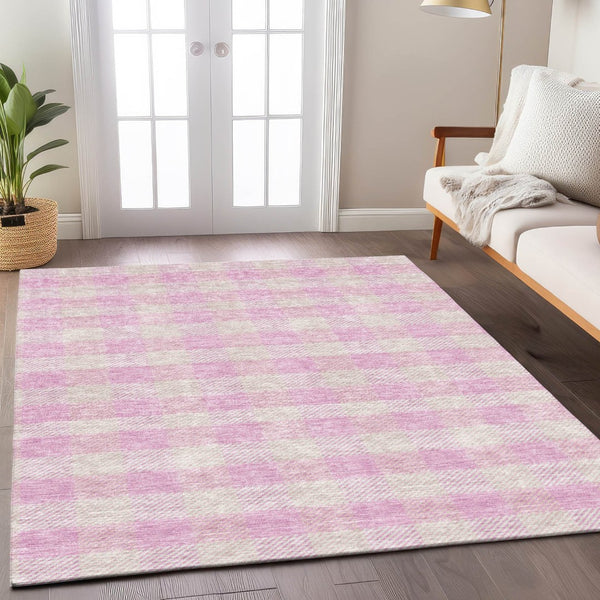 HomeRoots 5' Pink and Gray Plaid Indoor Outdoor Area Rug - Stylish, Durable, Washable Design for Any Space 5' X 8' 595506