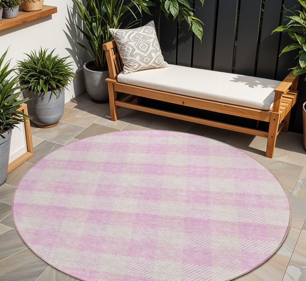 HomeRoots 5' Pink and Gray Plaid Indoor Outdoor Area Rug - Stylish, Durable, Washable Design for Any Space 8' Round 595507