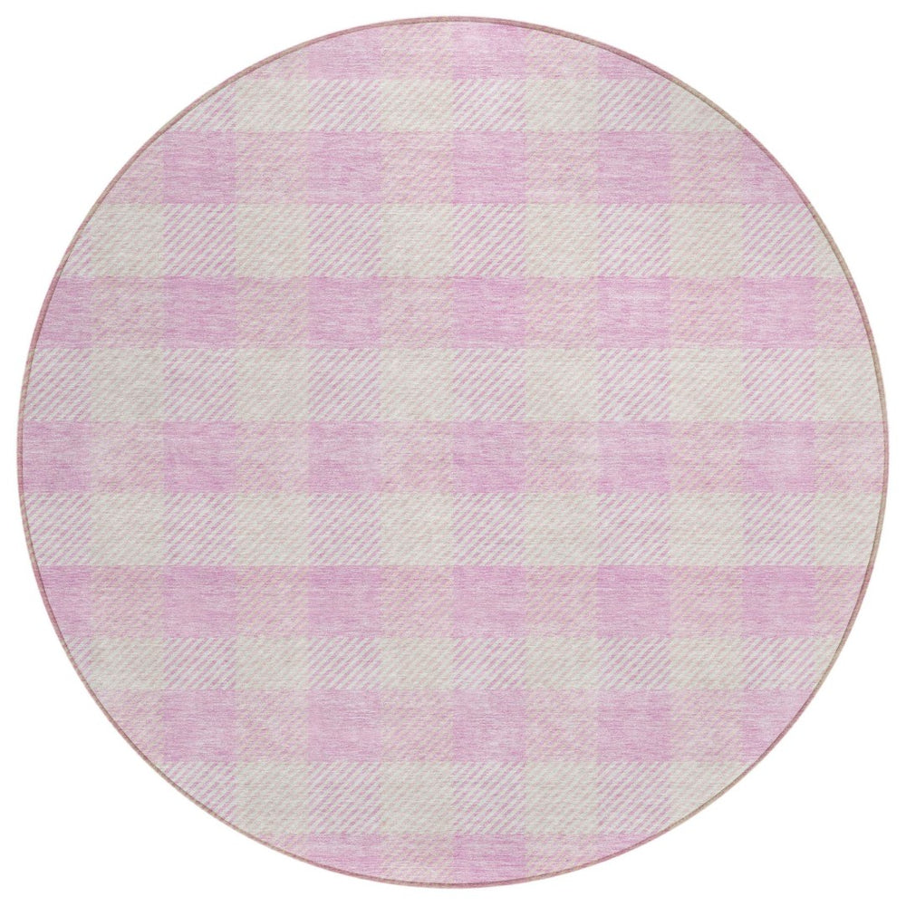 HomeRoots 5' Pink and Gray Plaid Indoor Outdoor Area Rug - Stylish, Durable, Washable Design for Any Space 8' Round 595507