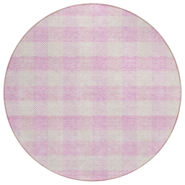 HomeRoots 5' Pink and Gray Plaid Indoor Outdoor Area Rug - Stylish, Durable, Washable Design for Any Space 8' Round 595507