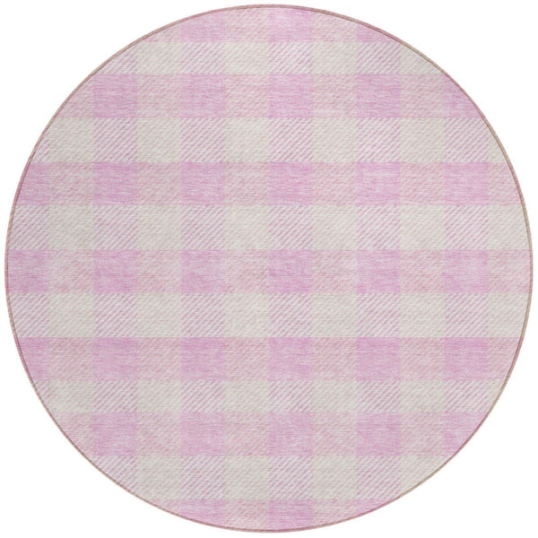 HomeRoots 5' Pink and Gray Plaid Indoor Outdoor Area Rug - Stylish, Durable, Washable Design for Any Space 8' Round 595507