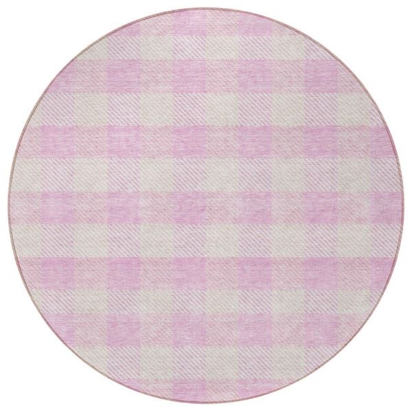 HomeRoots 5' Pink and Gray Plaid Indoor Outdoor Area Rug - Stylish, Durable, Washable Design for Any Space 8' Round 595507