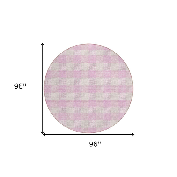 HomeRoots 5' Pink and Gray Plaid Indoor Outdoor Area Rug - Stylish, Durable, Washable Design for Any Space 8' Round 595507