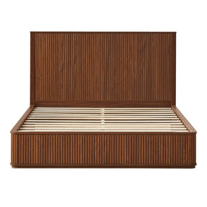 English Elm Natural Fluted Wood Platform Bed Minimalist Queen Frame with Tall Curved Headboard Walnut W5219S00001