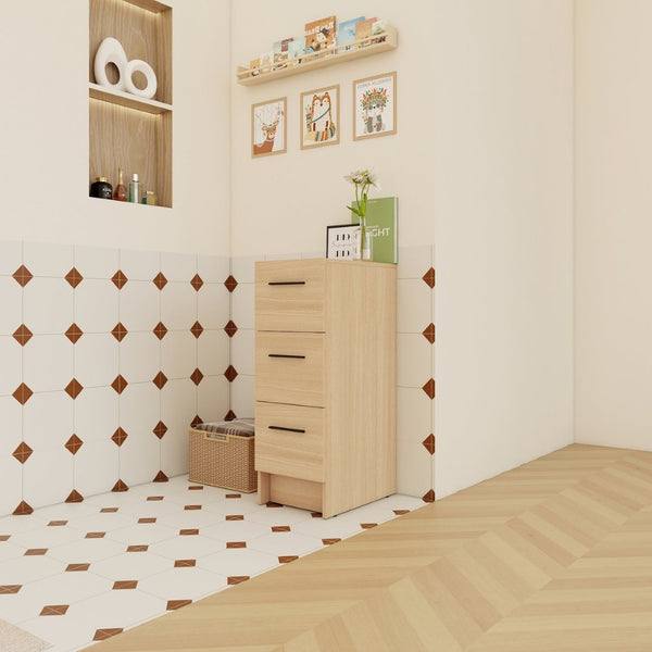 English Elm 12" Wall-mounted Oak Plywood Bathroom Linen Cabinet Slim Floating Single Door Storage W3450P440610