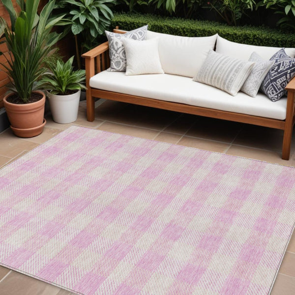 HomeRoots 5' Pink and Gray Plaid Indoor Outdoor Area Rug - Stylish, Durable, Washable Design for Any Space 10' X 14' 595510