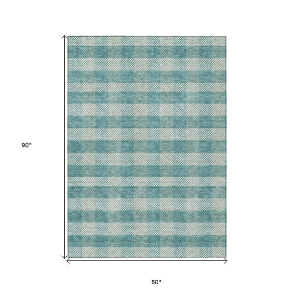 HomeRoots 5' Stylish Teal Blue and Ivory Plaid Indoor Outdoor Area Rug - Durable, Washable, Versatile Design 5' X 8' 595512
