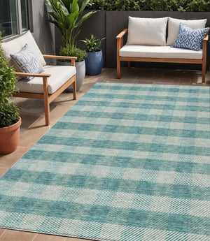 HomeRoots 5' Stylish Teal Blue and Ivory Plaid Indoor Outdoor Area Rug - Durable, Washable, Versatile Design 5' X 8' 595512