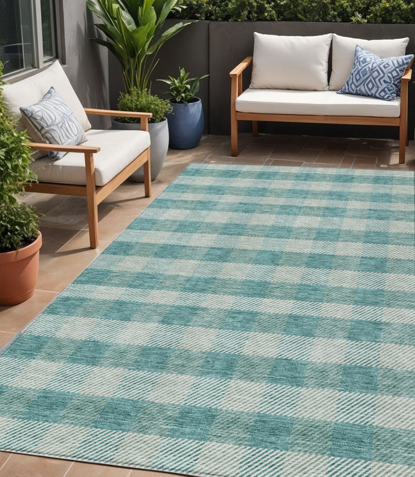 HomeRoots 5' Stylish Teal Blue and Ivory Plaid Indoor Outdoor Area Rug - Durable, Washable, Versatile Design 5' X 8' 595512