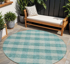 HomeRoots 5' Stylish Teal Blue and Ivory Plaid Indoor Outdoor Area Rug - Durable, Washable, Versatile Design 8' Round 595513