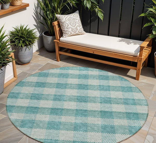HomeRoots 5' Stylish Teal Blue and Ivory Plaid Indoor Outdoor Area Rug - Durable, Washable, Versatile Design 8' Round 595513