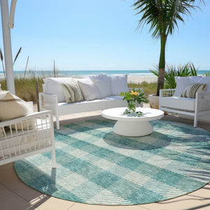 HomeRoots 5' Stylish Teal Blue and Ivory Plaid Indoor Outdoor Area Rug - Durable, Washable, Versatile Design 8' Round 595513