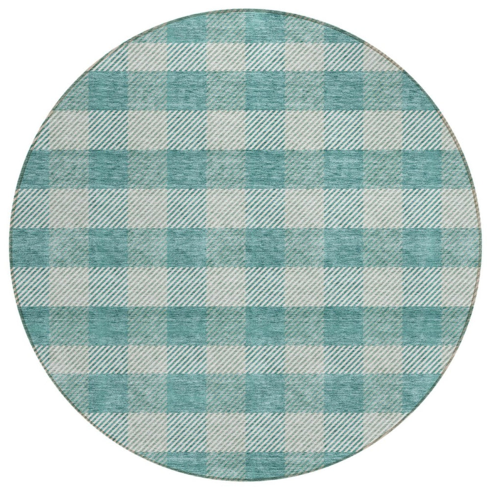 HomeRoots 5' Stylish Teal Blue and Ivory Plaid Indoor Outdoor Area Rug - Durable, Washable, Versatile Design 8' Round 595513