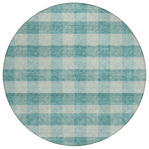 HomeRoots 5' Stylish Teal Blue and Ivory Plaid Indoor Outdoor Area Rug - Durable, Washable, Versatile Design 8' Round 595513