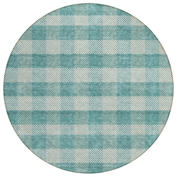 HomeRoots 5' Stylish Teal Blue and Ivory Plaid Indoor Outdoor Area Rug - Durable, Washable, Versatile Design 8' Round 595513
