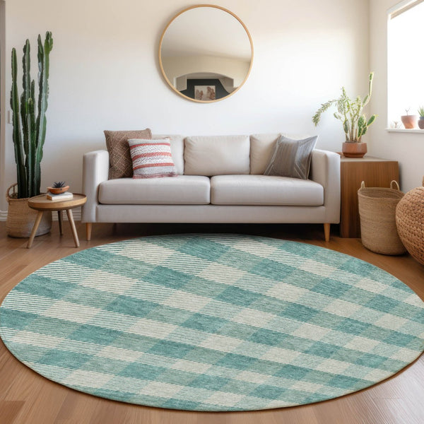 HomeRoots 5' Stylish Teal Blue and Ivory Plaid Indoor Outdoor Area Rug - Durable, Washable, Versatile Design 8' Round 595513