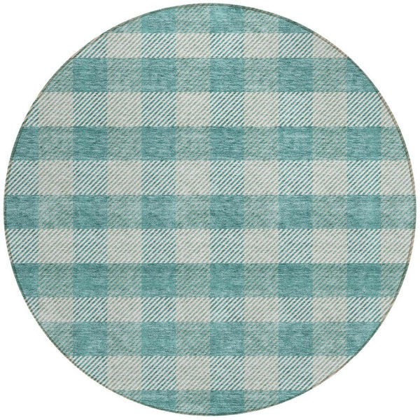 HomeRoots 5' Stylish Teal Blue and Ivory Plaid Indoor Outdoor Area Rug - Durable, Washable, Versatile Design 8' Round 595513