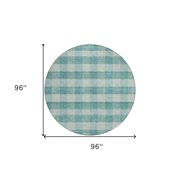 HomeRoots 5' Stylish Teal Blue and Ivory Plaid Indoor Outdoor Area Rug - Durable, Washable, Versatile Design 8' Round 595513