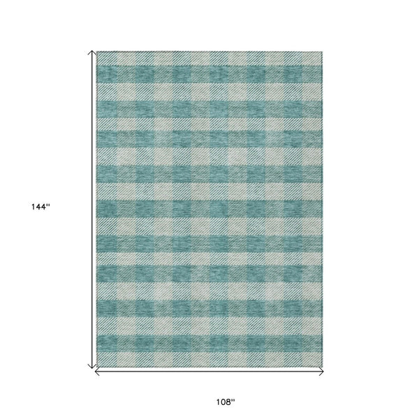 HomeRoots 9' X 12' Teal Blue & Ivory Plaid Rug - Durable, Washable Design for Indoor/Outdoor Living Spaces 595515