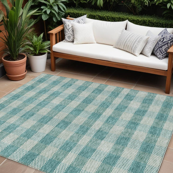 HomeRoots 5' Stylish Teal Blue and Ivory Plaid Indoor Outdoor Area Rug - Durable, Washable, Versatile Design 10' X 14' 595516
